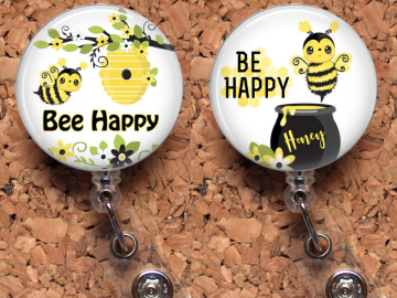 Bee Happy Badge Reel ID Holder, Bumble Bee Retractable ID Holder, Lanyard, Carabiner, Stethoscope Tag, Fits Littmann, Student Gift, Mylar