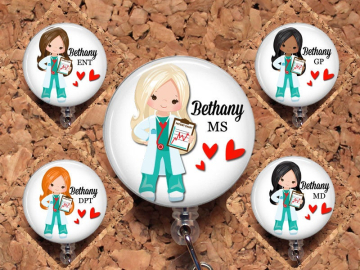 Doctor Badge Reel, African American, Red Hair, Blonde, Credentials, Retractable Badge Reel, Lanyard, Stethoscope ID Tag, Carabiner, Mylar