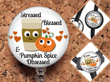 Pumpkin Spice Obsessed Badge Reel, Fall Retractable Lanyard Badge Holder, Carabiner, Id Holder,  Stethoscope Tag Rhinestone Badge Reel Mylar