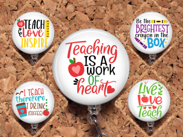 Teacher Badge Reel, Retractable Lanyard Badge Reel, Carabiner, Teaching is a work of the heart, Live Love Teach, Gifts for Teachers Mylar