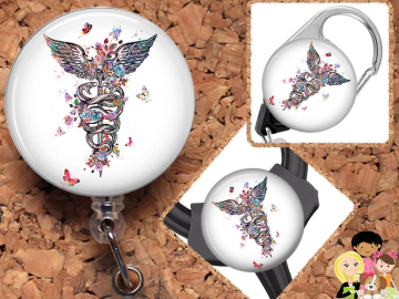 Floral Caduceus  Badge Reel, Retractable Lanyard, Carabiner,  Id Holder,  Gift for Nurse, Stethoscope Tag, Anatomy Badge Reel, Medical Mylar
