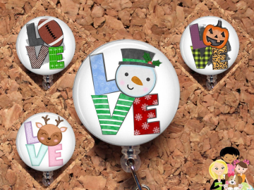 LOVE Badge Reel, Snowman Reindeer Pumpkin Football Retractable Lanyard Badge Holder, Carabiner,  Id Holder, Stethoscope Tag, Mylar
