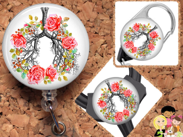 Flower Lungs Badge Reel, Retractable Lanyard, Carabiner,  Id Holder,  Gift for Nurses, Stethoscope Tag, Anatomy Badge Reel, Pulmonary Mylar