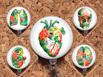 Organ Badge Reel Floral Color Anatomy Heart Lungs Kidney Brain Skull Liver Retractable Badge Reel Lanyard, StethoscopeTag, Carabiner, Mylar