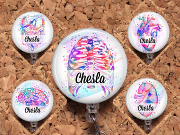 Organ Badge Reel, Water Color Anatomy, Heart, Lungs, Ribs, Brain, Uterus Retractable Badge Reel, Lanyard, Steth Tag, Personalized, Mylar