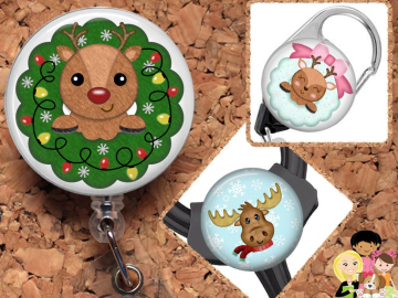 Christmas Badge Reel ID Holder, Holiday Lanyard, Carabiner, Stethoscope Tag, Yoke Tag, Reindeer, Moose, Wreath,  Mylar