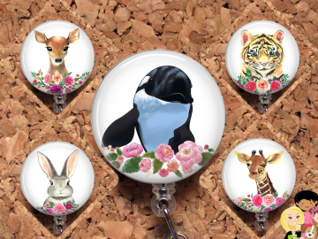 Giraffe Badge Reel, Bunny Retractable Lanyard Badge Holder, Deer Carabiner, Id Holder, Tiger Stethoscope Tag Killer Whale Mylar B1066