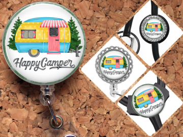 Happy Camper Badge Reel Retractable Lanyard Badge Holder Carabiner Id Holder Stethoscope Tag Nurse Badge Reel Gift Mylar B1090