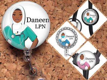 Black Nurse Badge Reel, Personalized Retractable ID Holder, African American Customized Lanyard, Carabiner, Stethoscope, Hijab Mylar N1068