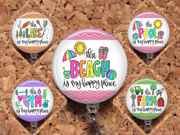 Happy Place Badge Reel Retractable Lanyard Badge Holder Carabiner Id Holder Stethoscope Tag Nurse Beach Farm Gym Pool Lake Mylar 8002