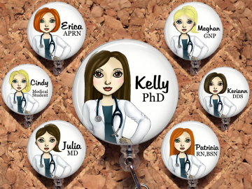 Medical Badge Reel, Personalized Retractable ID Holder, White Coat Customized Lanyard, Hair Choice Carabiner, Stethoscope, Mylar 8013