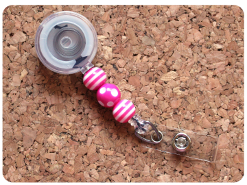 Interchangeable Badge Reel Base, Beaded Retractable ID Holder, Switchable Badge Reel or Lanyard, Pink Dots and Stripes
