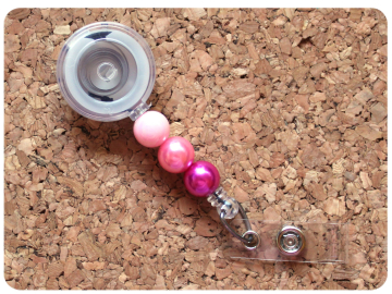 Interchangeable Badge Reel Base, Beaded Retractable ID Holder, Switchable Badge Reel or Lanyard, Pinks