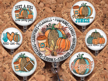 Fall Badge Reel, Retractable Lanyard Badge Reel, Carabiner, Wild about Fall,  Just a Girl who Loves Fall, Pumpkin Id Holder Mylar 8022