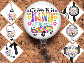 Hippy Bus Badge Reel Id Holder, Retractable Lanyard, Cool to be Kind Carabiner, Zipper Pull, Key Ring, Pin, Paperclip Bookmark, 8033