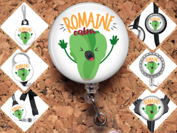 Romaine Calm Badge Reel,  Funny Dietitian Id Holder, Lettuce Carabiner, Zipper Pull, Key Ring, Pin, Nutritionist Gift, 8044