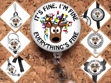 Christmas Badge Reel, Retractable Lanyard Badge Holder, Carabiner, It's Fine I'm Fine Reindeer Id Holder,  Gift for Nurses Mylar 8057