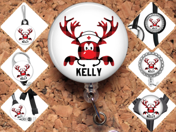 Christmas Badge Reel, Personalized Reindeer Nurse Retractable ID Holder, Lanyard, Stethoscope Tag, Carabiner, Zipper Pull, Pin Mylar 8056