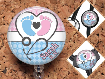 Baby Feet Badge Reel, Personalized Retractable ID Holder, Lanyard, Badge Pull, Card Holder, Carabiner, Stethoscope Tag,  NICU, MBU, Mylar