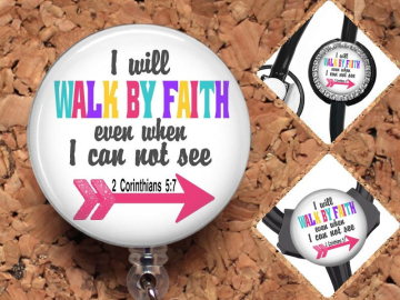 Bible Verse Badge Reel ID Holder, Retractable ID Holder, Christian Lanyard, Carabiner, Stethoscope Tag, Fits Littmann, Walk by Faith Mylar