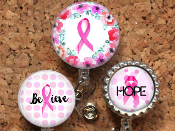 Breast Cancer Awareness Badge Reel, Retractable ID Holder, Lanyard, Badge Pull, Card Holder, Carabiner, Stethoscope Tag, Mylar