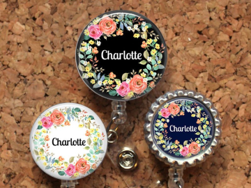 Flowers Badge Reel, Personalized Retractable ID Holder, Lanyard, Badge Pull, Card Holder, Carabiner, Stethoscope Tag, Mylar, OFlowers1