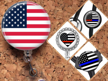 Badge Reel ID Holder, USA Flag, Police, Fireman, Lanyard, Carabiner, Stethoscope Tag, Yoke Tag - Fits all steths including Littman, Mylar