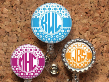 Flower Badge Reel, Personalized Retractable ID Holder, Lanyard, Badge Pull, Choice of Colors, Carabiner, Stethoscope Tag, Monogram, Mylar