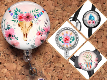 Boho Badge Reel ID Holder, Watercolor Lanyard, Carabiner, Stethoscope Tag, Yoke Tag - Fits all stethoscopes including Littman, Mylar