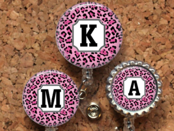 Animal Print Badge Reel, Pink Leopard Initial ID Badge, Pink Lanyard, Retractable Name Holder, Nurse, Teacher, Personalized, Mylar