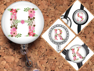 Flower Initial Badge Reel, Summer ID Badge, Pink Lanyard, Retractable Name Holder, Nurse Gift, Teacher Gift, Personalized Gift, Mylar