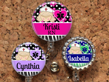 Nurse Badge Reel, Personalized Retractable ID Holder, Lanyard, Badge Pull, Choice of Colors, Carabiner, Stethoscope Tag, Mylar,  Blonde