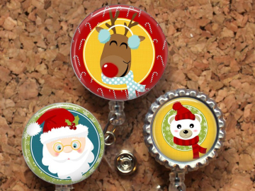 Christmas Badge Reel, Retractable ID Holder, Spring Lanyard, Badge Pull, Card Holder, Carabiner, Stethoscope Tag, Reindeer, Santa, Mylar