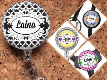 Damask Badge Reel ID Holder, Lanyard, Personalize Carabiner, Stethoscope Tag, Yoke Tag - Fits all stethoscopes including Littman, Mylar