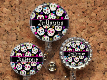 Sugar Skulls Badge Reel, Personalized Retractable ID Holder, Lanyard, Badge Pull, Card Holder, Carabiner, Stethoscope Tag, Mylar