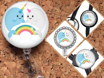Narwhal Badge Reel, Rainbow,  Lanyard, Retractable ID Name Holder, Nurse Gift, Doctor Gift, Pediatric Badge Reel, Nicu, MBU, RN Gift, Mylar