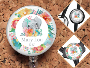 Elephant Badge Reel, Personalized Badge ID Holder, Gifts for Nurses or Teacher, Watercolor Flowers, Stethoscope Tag, Cute Badge Reel, Mylar,