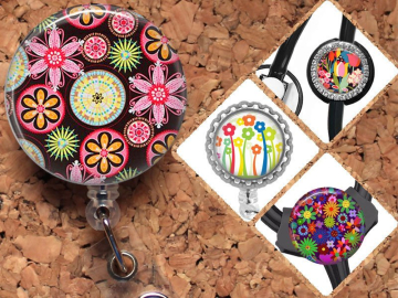 Retro Flowers Badge Reel ID Holder, 30 Different Designs,  Lanyard, Carabiner, Stethoscope Tag, Yoke Tag - Fits all including Littman, Mylar