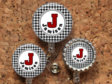 Houndstooth Badge Reel, Personalized Retractable ID Holder, Lanyard, Badge Pull, Card Holder, Carabiner, Stethoscope Tag, Mylar