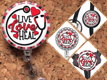 Live, Love, Heal Badge Reel, Lanyard, Stethoscope Tag, Yoke Tag, Carabiner