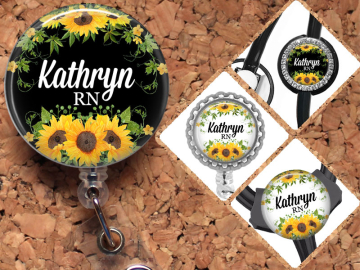 Sunflower Badge Reel,  Personalized Flower Retractable ID Holder, Fall Lanyard, Stethoscope Tag, Yoke Tag - fits Littmann, Carabiner, Mylar,